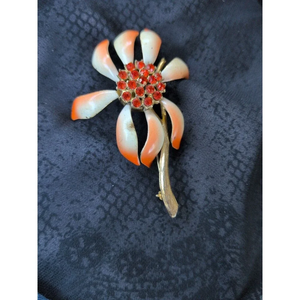 Vintage Flower Pin Brooch Orange Enamel Rhinestone Flower Power  Costume Sparkle